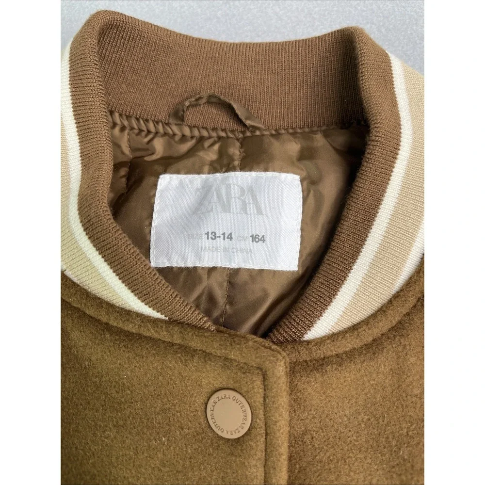Zara Girls Letterman Snap Button PATCH VARSITY BROWN JACKET Size 13-14